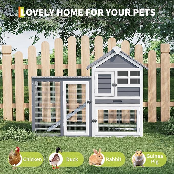 Rabbit Hutch Bunny Cage Indoor Outdoor, Small Wooden Chicken Coop, with Waterproof Roof, Pull Out Tray and Anti-Slip Ramp (45.28" L x 20.08" W x 36.61" H)