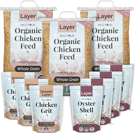 Mile Four Organic Chicken Feed Kit | Feeds 10 Layer (20+ Weeks) Chickens for 4 Weeks | Feed (69 lb), Grit (12 lb), Oyster Shell (16 lb) | Whole Grain