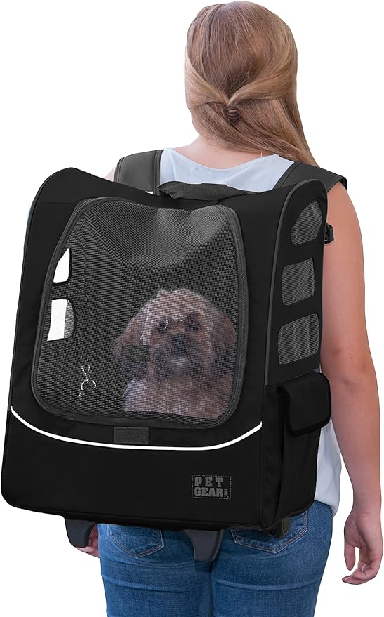 Pet Gear I-GO2 Pus Traveler Roller Backpack, Travel Carrier, Car Seat for Cats/Dogs, Mesh Ventilation, Included Tether, Telescoping Handle, Storage Pouch, Black