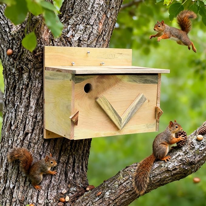Large Solid Wood Squirrel House - Handmade All-Weather Outdoor Nesting Box to Welcome Squirrels & Chipmunks - Easy Mounting Kit for Backyard, Tree, or Fence