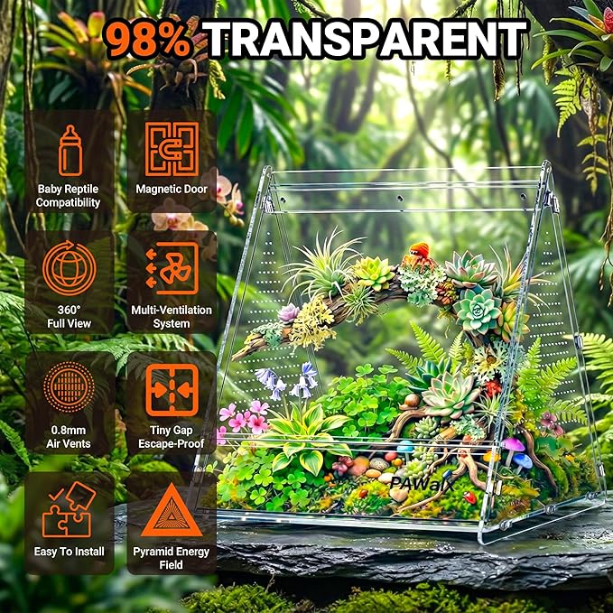 Triangular Jumping Spider Enclosure, Acrylic Terrarium with Magnetic Doors, 0.8mm Micro-Ventilation& Escape-Proof Design for Tarantulas, Lizards, Small Pets, 9.4"x10.9"x10.6"