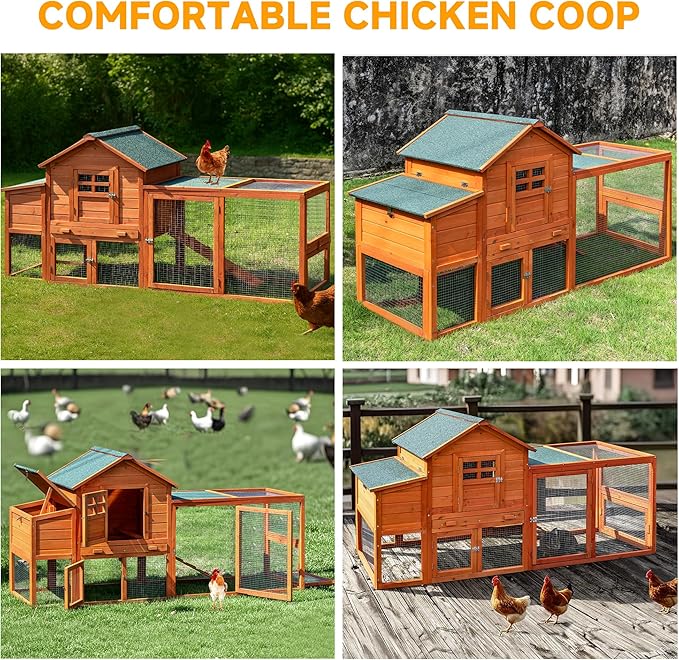 Large Chicken Coop Outdoor Durable Duck House Poultry Pet Hutch & 2 Wood Eggs Run Cage Nesting Box Waterproof Asphalt Roof Ramp Removable Tray Wire Fence for Backyard Small Animal79 Brown