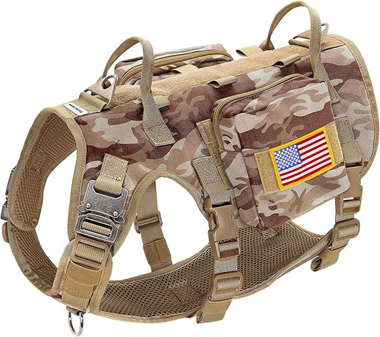 Forestpaw Tactical Dog Harness Tactical Dog Collar with Bungee Leash Set,No Pull Military Dog Harness for Walking Training,Adjustable for Medium Large Dogs,Camouflage Brown,Chest 19.5-41.5"