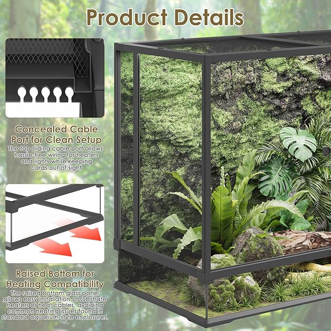 Erinnyees 74 Gallon Reptile Terrarium with Top Screen Ventilation, Snake Habitat with Heating Pad Space, Front Opening Reptile Vivarium with Sliding Cable Outlet for Leopard Geckos, Turtles, Snakes
