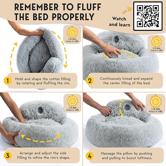 PetJett Dog Beds Large Sized Dog - 36'' Calming Round Bed, Washable Dog Bed - Anti-Slip Super Soft Donut Bed, Fluffy Faux Fur Anti-Anxiety Premium Comfort Pet Bed, Fits Dogs up to 80 lbs - Bright Grey