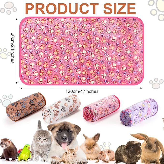 Tatuo 4 Pcs Dog Blanket for Pet Cat Blankets Indoor Puppy Teething Stuff Toys Paw Print Fleece Blanket Warm Sleep Mat for Guinea Pig Cage(White, Coffee, Pink, Purple,Midwest (24 x 47 Inch),Square)
