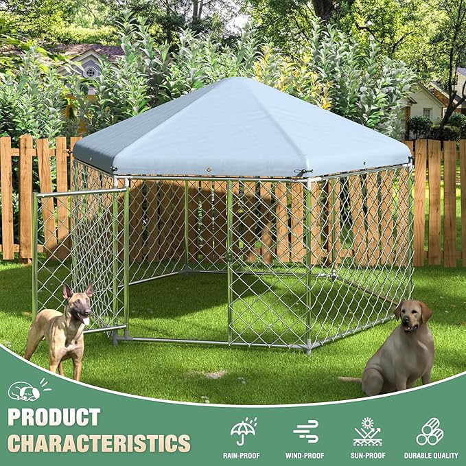 Large Dog Kennel Outside,Outdoor Dog Kennel with Roof,Large Dog Cage with Steel Fence Secure Lock for Garden/Yard (7x7x5 FT)