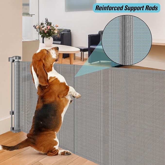 24 Inches Tall Retractable Baby gate for Dogs, Short Pet Gates to Step Over, Extends up to 55" Wide, Reinforced Mesh Doggie Gates for Indoors Outdoors Small Dog Gate for Stairs Puppy Gate (Grey)