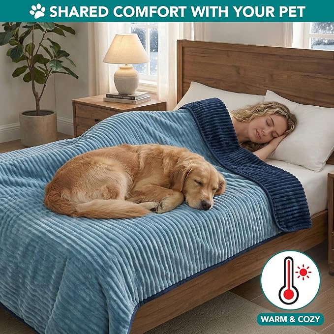 PetAmi Waterproof Dog Blanket, Leakproof Pet Blanket for Small Medium Large Dogs, Reversible Furniture Bed Sofa Couch Cover Protector, Plush Striped Pet Throw for Indoor Cat, 40x60 in, Navy Blue