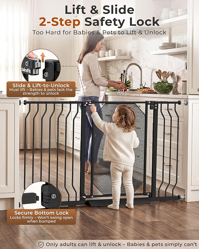 29.5-61.5" Extra Wide Baby Gate for Stairs, Child & Pet Proof, No-Drill Pressure Mount Auto Close One-Hand Operation, Indoor Dog Gate for Doorways, 7 Adjustable Sizes, 30.5" Tall, Black