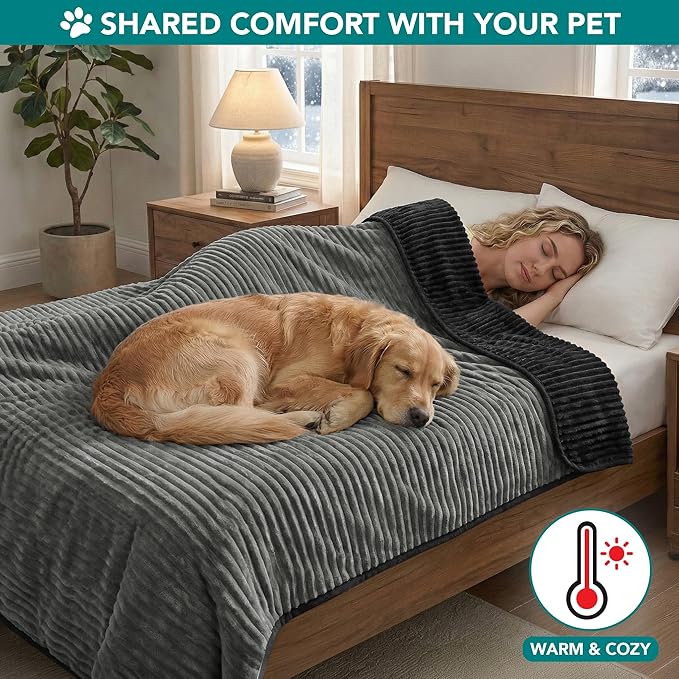 PetAmi Waterproof Dog Blanket, Leakproof Pet Blanket for Small Medium Large Dogs, Reversible Furniture Bed Sofa Couch Cover Protector, Plush Striped Pet Throw for Indoor Cat, 40x60 in, Black Grey