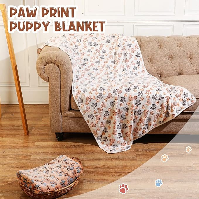 Tatuo 4 Pcs Dog Blanket for Pet Cat Blankets Indoor Puppy Teething Stuff Toys Paw Print Fleece Blanket Warm Sleep Mat for Guinea Pig Cage(White, Coffee, Pink, Purple,Large(36 x 36 Inch),Square)