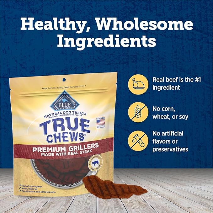 Blue Buffalo True Chews Premium Grillers Dog Treats, Made in the USA with Natural Ingredients, Steak, 30-oz. Bag (Pack of 3)