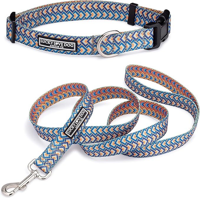 Lucky Love Dog, Bold Matching Dog Collar and Leash Set, Soft & Adjustable, Geometric Pattern Collar and Leash for Male Female Dogs - (X-Small, Murphy Combo)