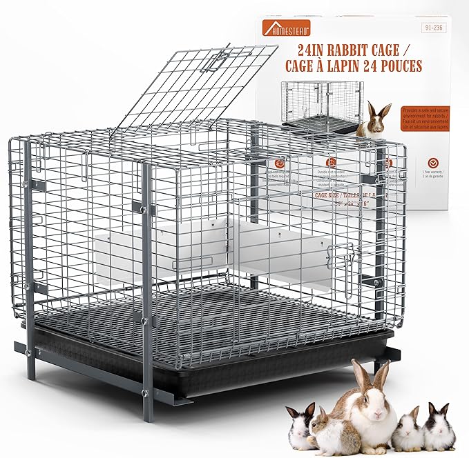 HOMESTEAD Rabbit Cage with Pull-Out Tray – 24 Inch Bunny Cage, Metal Rabbit Breeding Cage, Dual Access Doors, Waterproof Bottom & Urine Guard