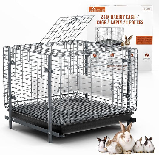 HOMESTEAD Rabbit Cage with Pull-Out Tray – 24 Inch Bunny Cage, Metal Rabbit Breeding Cage, Dual Access Doors, Waterproof Bottom & Urine Guard