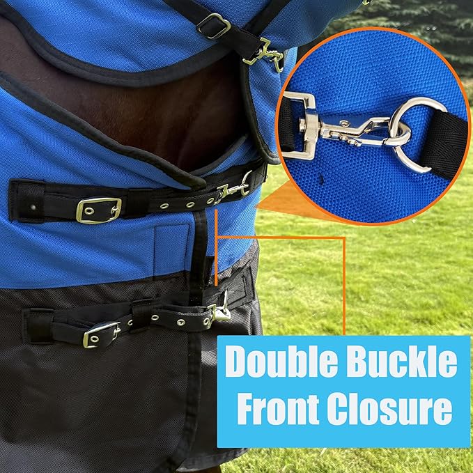 Horse Turnout Blanket, Heavy Weight Horses Blanket with 300g Poly Filling, Neck Cover & Belly Wrap, 1680D Waterproof Winter Blankets for Horses (Blue, US78 in(EU 145 cm))