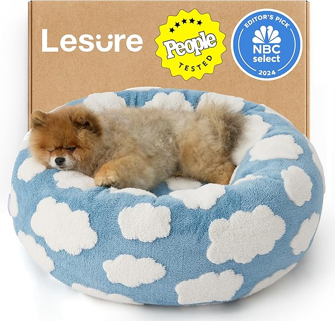 LE SURE Shown on TV Donut Dog Beds for Small Dogs - Calming Cat Sofa as Bed Gift for Indoor Cats with Washable Cover, Round Home Decor Cute Pet Beds with Jacquard Shaggy Plush, 23 Inch, Blue