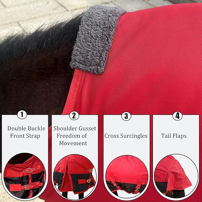 Mini Horse/Pony/Foal/Miniature Turnout Blanket, Medium Weight Winter Blanket for Horses, Donkey Blanket, 1680 Denier Waterproof &Breathable/220g Filling (Red, 51in)