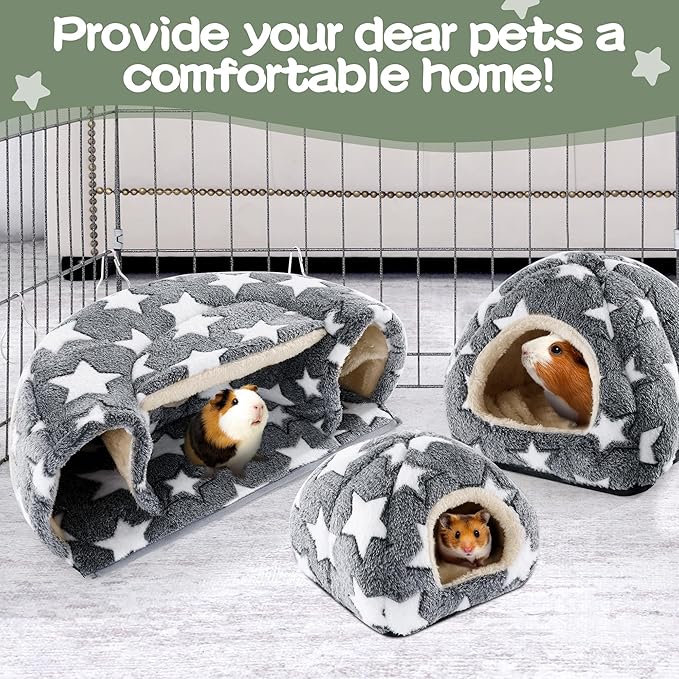 MABOZOO 3 Pack Guinea Pig House Accessories, 2 Cozy Guinea Pig Bed and Hideout Tunnel, Chinchillas Hideout for Hamster, Rabbit, Bunny, Chinchillas (Gray)