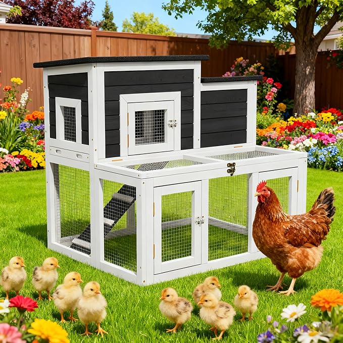 Outdoor Chicken Coops for 2-4 Chickens, All Weather Used Wooden Quail Cage Duck Coop Outdoor with Asphalt Roof, Ramp Openable Top Pull-Out Tray for Small Animals (White2)