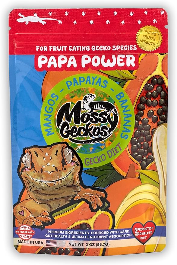 Complete Gecko Diet for Fruit and Insect Eating Geckos, 2 oz & 16 oz, with Human-Grade Dried Fruit, Probiotics and Vitamins (2 oz, Papa Power - Papaya, Mango & Banana)