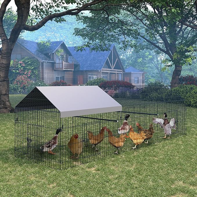 Metal Chicken Coop, Chicken Run for Yard with Cover, Outdoor Metal Chicken Cage with 4 Door and 1 Window for Outside Duck Rabbit Hen, 130"×40"×40"
