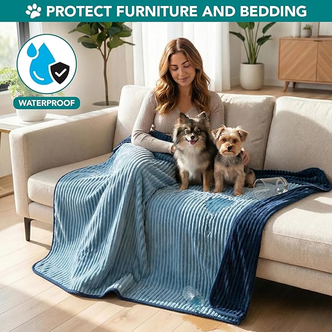 PetAmi Waterproof Dog Blanket, Leakproof Pet Blanket for Small Medium Large Dogs, Reversible Furniture Bed Sofa Couch Cover Protector, Plush Striped Pet Throw for Indoor Cat, 24x32 in, Navy Blue