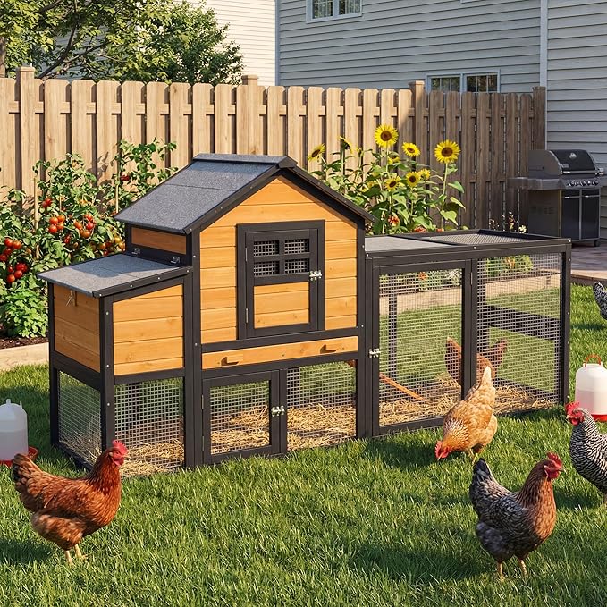 Large Chicken Coop Outdoor Durable Duck House Poultry Pet Hutch & 2 Wood Eggs Run Cage Nesting Box Waterproof Asphalt Roof Ramp Removable Tray Wire Fence for Backyard Small Animal 79" Orange