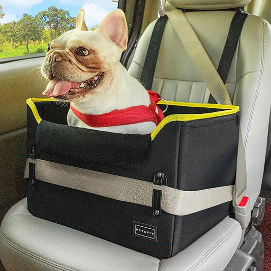 PETSFIT Small Dog Car Seat – Patented Safety Buckles – Safety Tether – Foldable Travel Dog Booster Car Seat Reduces Anxiety & Road Trips – Stable Frame, Soft Cushion, Fits Front/Back Seat