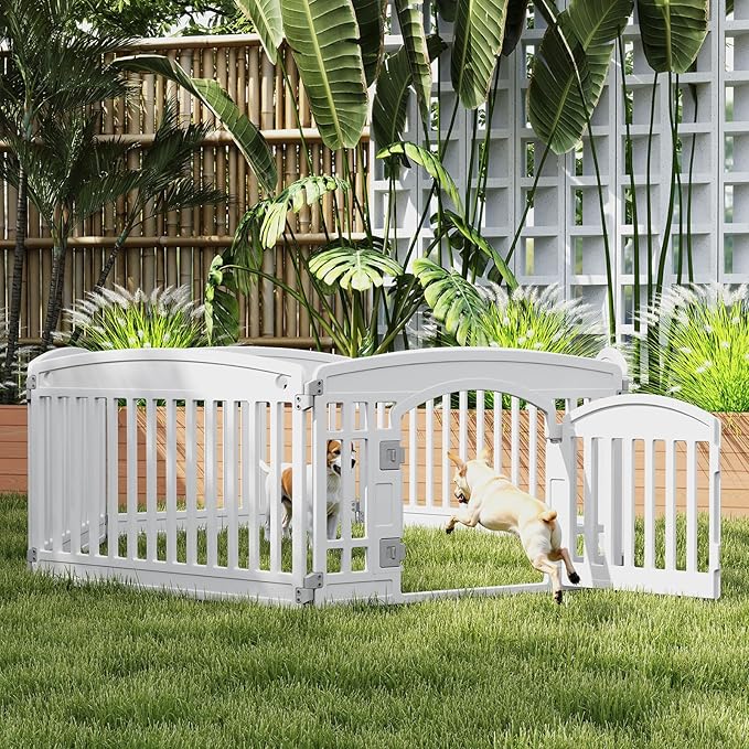 DUMOS Dog Playpen 6 Panels 24" Plastic Exercise Fence Pen with Door Small Puppy, Medium Dogs Animal Pet for Outdoor, Garden, Yard, RV Camping(White)