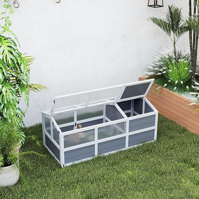 PawHut Tortoise Habitat, Wooden Outdoor Tortoise Enclosure with Doors, PC Sun Panel Windows, Bottomless Design Tortoise House for Small Animals, Rabbits, Light Gray