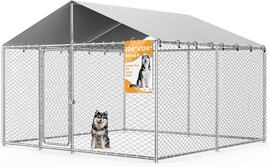 10x10 FT Outdoor Dog Kennel with Waterproof Roof - Heavy Duty Metal Exercise Pen, Weatherproof UV-Resistant Cover & Secure Locking for Large Dogs（124 x 124 x 87IN）