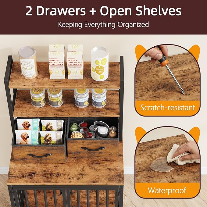 HIGDBFE Dog Crate Furniture with Drawer & Shelf, 25.5" Small Dog Crate with 4 Lockable Doors, Indoor Dog Kennel for Small Dogs, Anti-Chew Dog Cage with Storage, Rustic Brown, 43.7" H