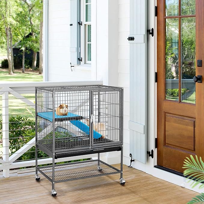 Topeakmart 34 Inch Multi-Level Small Animal Cage for Adult Rats, Chinchillas - Metal Rolling Cage with Removable Ramp & Platform, Black