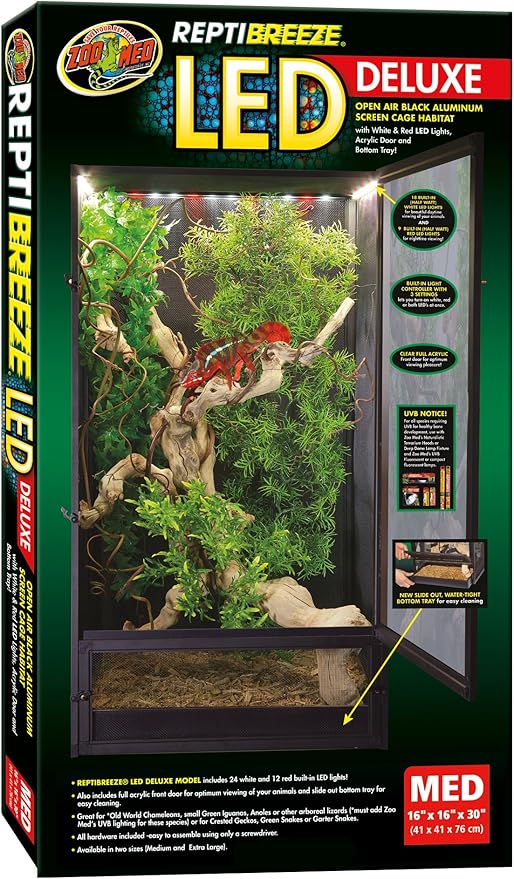 Zoo Med ReptiBreeze LED Deluxe Open Air Aluminum Screen Habitat, Medium 16 L x 16 W x 30 H