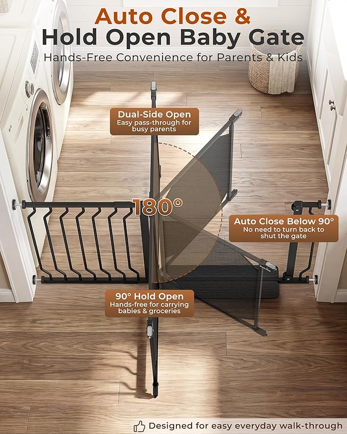 29.5-61.5" Extra Wide Baby Gate for Stairs, Child & Pet Proof, No-Drill Pressure Mount Auto Close One-Hand Operation, Indoor Dog Gate for Doorways, 7 Adjustable Sizes, 30.5" Tall, Black