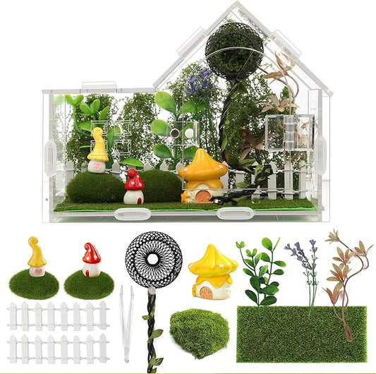 Jumping Spider Enclosure, Acrylic Cabin Terrarium with Sloped Roof & Magnetic Front Door, for Arboreal Pets, Mantis, Small Reptile Habitat (Green, L 7.9",W 3.9",H 5.9")