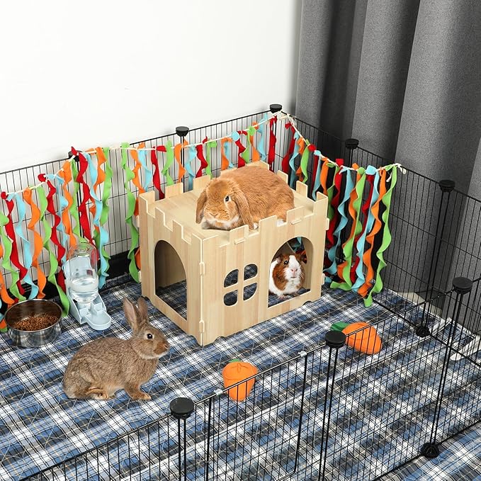 BWOGUE Large Wooden Rabbit House and Hideouts Bunny Castle Detachable Small Animal Play Hideaway Rabbit Hideout Cage Accessories for Indoor Adult Rabbit Guinea Pig Chinchilla Habitat