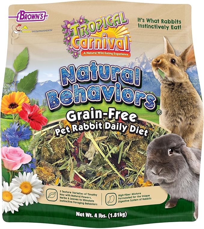 Tropical Carnival Natural Behaviors Grain-Free Rabbit Food – 4 pounds, High-Fiber Timothy Hay Blend with Natural Flowers & Herbs, Supports Digestive & Emotional Health, No Artificial Additives