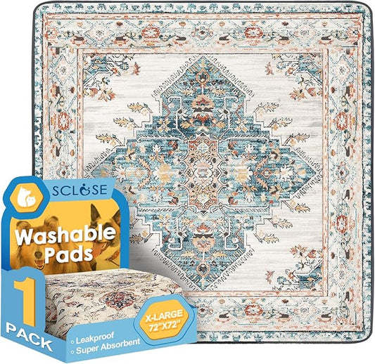 SCLOSE Washable Pee Pad for Dogs Extra Large, 72" x 72" Reusable Puppy Pads Waterproof Dog Rugs, Super Absorbent, Leakproof, Dog Crate Pad, Playpen Mat, Whelping Pads, Blue Medallion