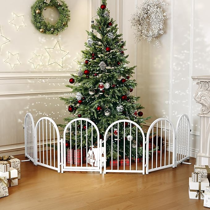 PUPETPO Full Metal Dog Gate with Door for Indoor Outdoor, 24" Tall Free Standing Pet Dog Fence, 108" Extra Wide Pet Gates for Stairs, Hallways, Doorways, Kitchen, Decks, Yards (White, 6 Panels)