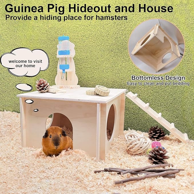 kathson Guinea Pig Hideout House,Wooden Chinchilla Hide Hut with Climbing Ladder and Windows, Hamster House for Mouse Hedgehog Squirrel Mice Gerbils Hiding Sleeping and Playing