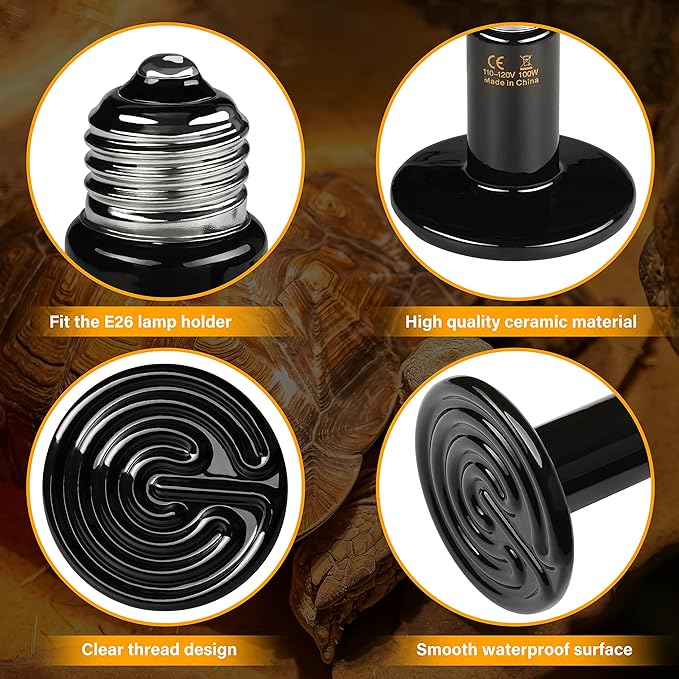 HealSmart Reptile Heat Lamp Bulb Ceramic Heat Emitter 150W No Light Emitting Brooder Coop Heater for Amphibian Pet & Incubating Chicken, Black (Pack of 4)