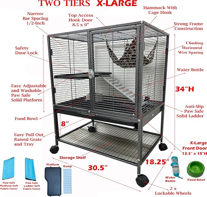 X-Large 30.5"x18.25"x34"H Deluxe Two-Tiers Tight 1/2-Inch Bar Spacing Large Front Doors for Feisty Ferret Squirrel Hammock Chinchilla Rat Mouse Hamster Gerbil Small Animals Critter Home Rolling Cage