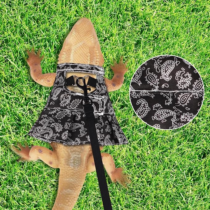 Bearded Dragon Harness and Leash Skirts Set Adjustable Reptile Lizard Leash Rope Dresses Clothes Starter Kit Accessories for Small Animal Outdoor Walking Training (Black)