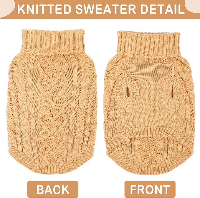 Dog Sweaters Small Dog Clothes for Winter Solid Knitted Puppy Sweater Warm Pet Cat Sweater Doggy Pullover Outfit with Heart-Shape Design(Light Brown, X-Small)