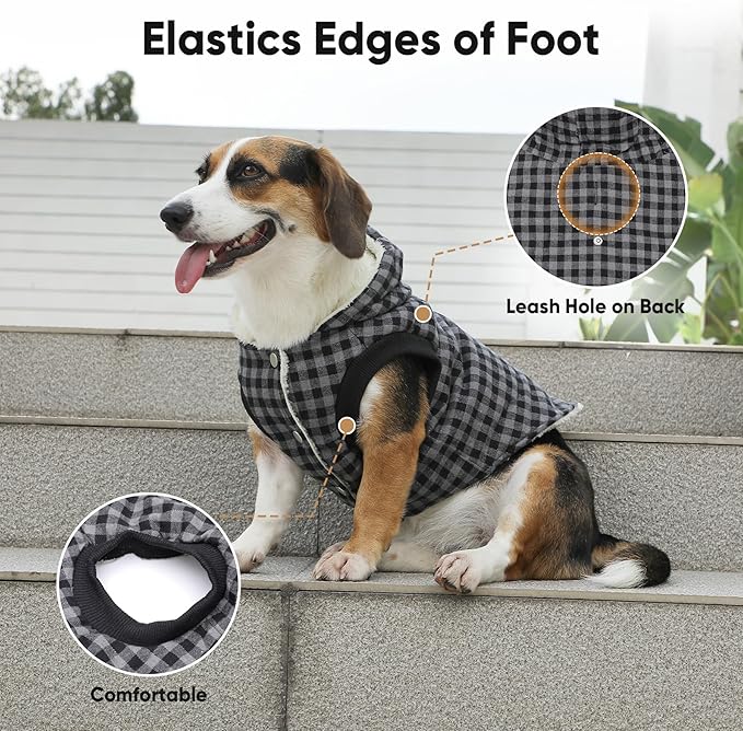 Vecomfy Fleece Lining Dog Hoodie for Large Dogs Extra Warm Plaid Sweater with Drawstring Hooded Coats in Winter Doggie Jacket,Black XXXL