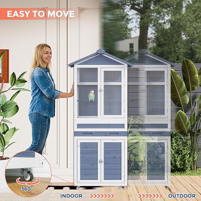 59" H Wooden Outdoor Bird Aviary on Wheels, Bird Cage with Storage & Pull-Out Tray for Small Birds, Finches, Parrots, Indoor Bird Cages with Feeder, Easy to Clean, Grey