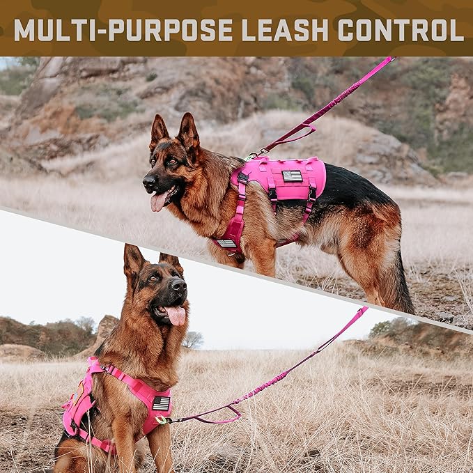 Forestpaw Pink Tactical Dog Harness for Large Dogs,Tactical Dog Collar with Bungee Leash Set,No Pull Military Dog Harness for Walking Training,Adjustable for Medium Large Dogs,Chest 15.5-25.5"